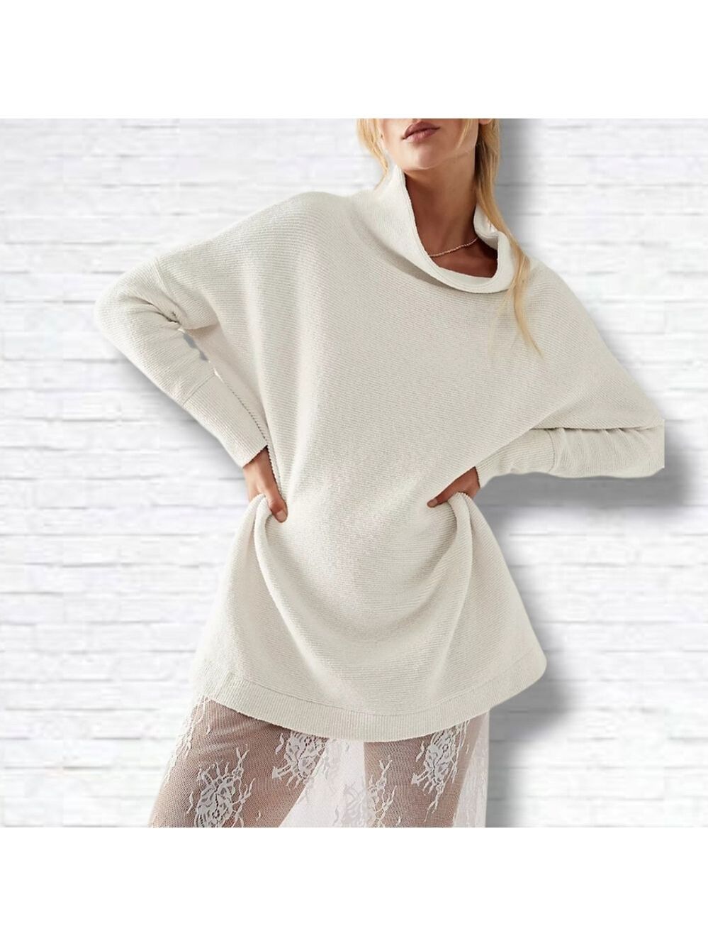 Free People Size XS White Ottoman Slouchy Oversized Knit Tunic Sweater